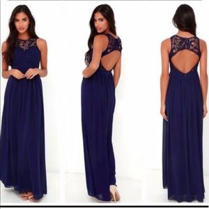Lulus SO FAR GOWN Navy Blue Lace Maxi Dress